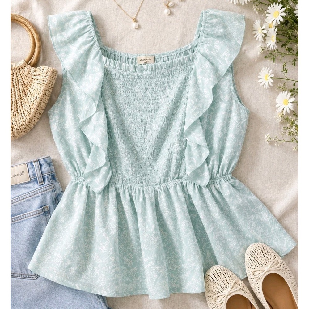 NWT Plus 3XL Mint Peplum Top Cottagecore Coquette Ruffle Milkmaid Smocked
